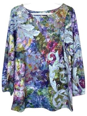 Soft Surroundings Floral Scroll Tunic Blouse Boho Artsy Stretch Top Medium